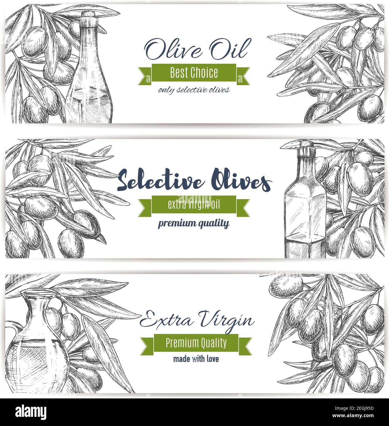 Olive oil and olives vector sketch banners. Olive-tree branches with ...