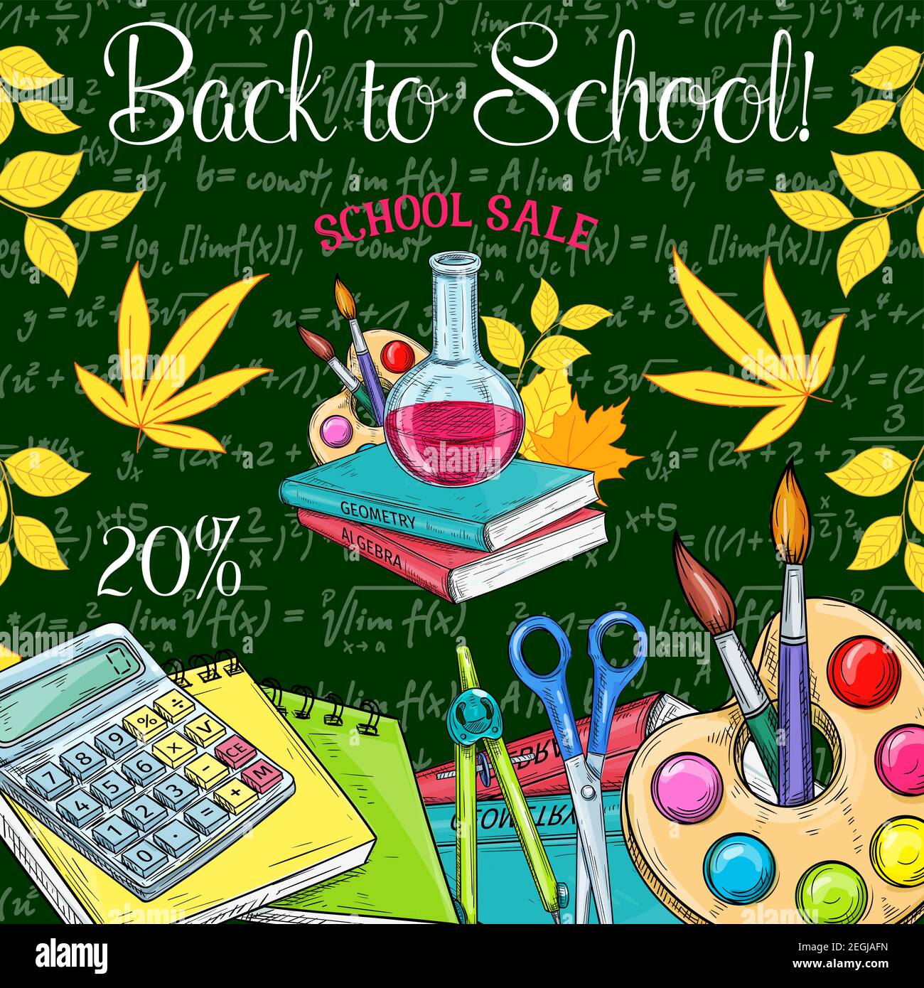 Back to School sale poster of school bag and lesson stationery for  September promo offer. Vector sketch school book or notebook and  mathematics calcul Stock Vector Image & Art - Alamy