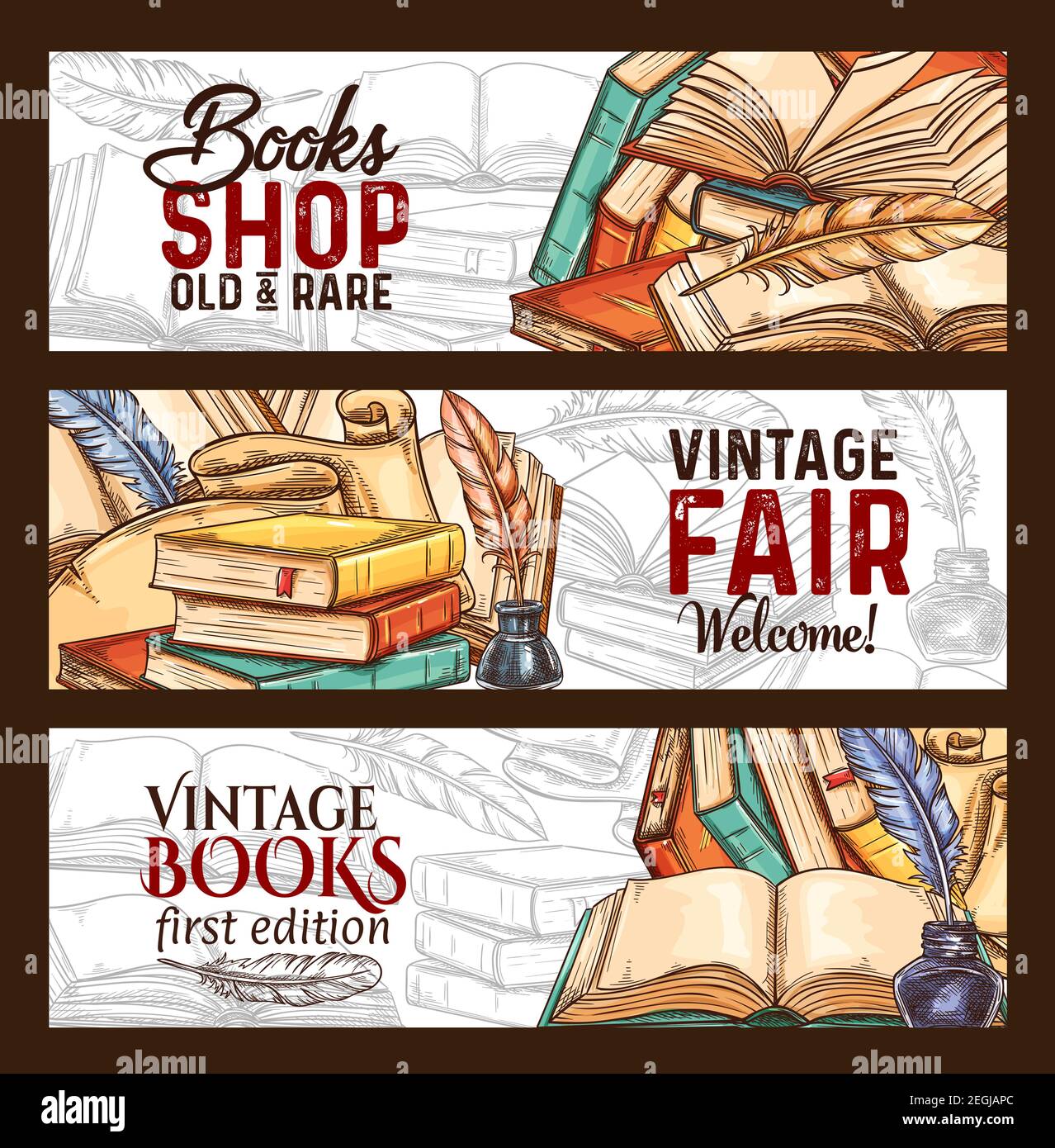 Bookshop or vintage rare books fair sketch banners. Vector old vintage literature books and retro writing stationery of inkwell and quill feather pen Stock Vector