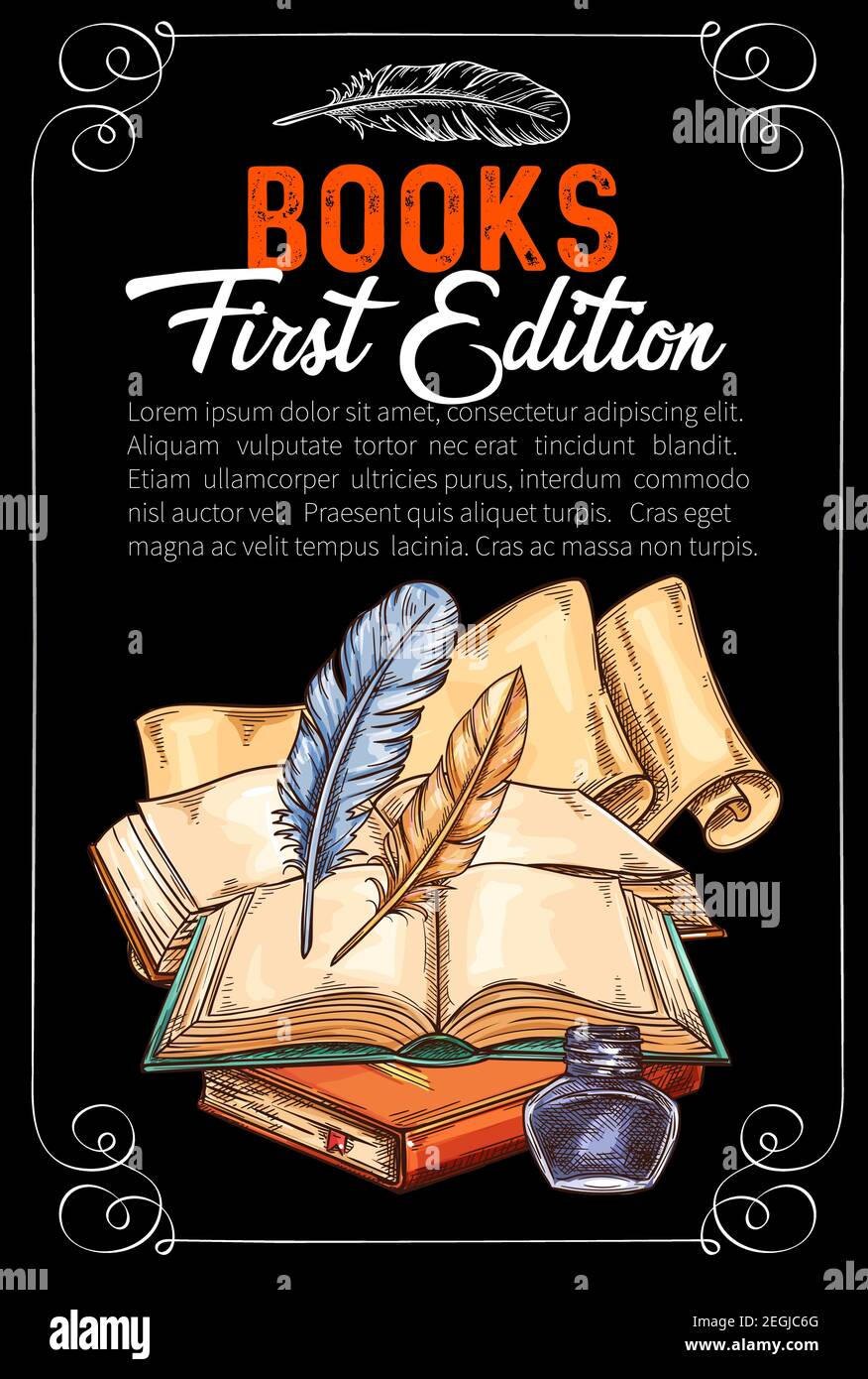 Vintage rare books sketch poster for author first edition literature presentation. Vector design of old rare books and writer stationery ink and quill Stock Vector