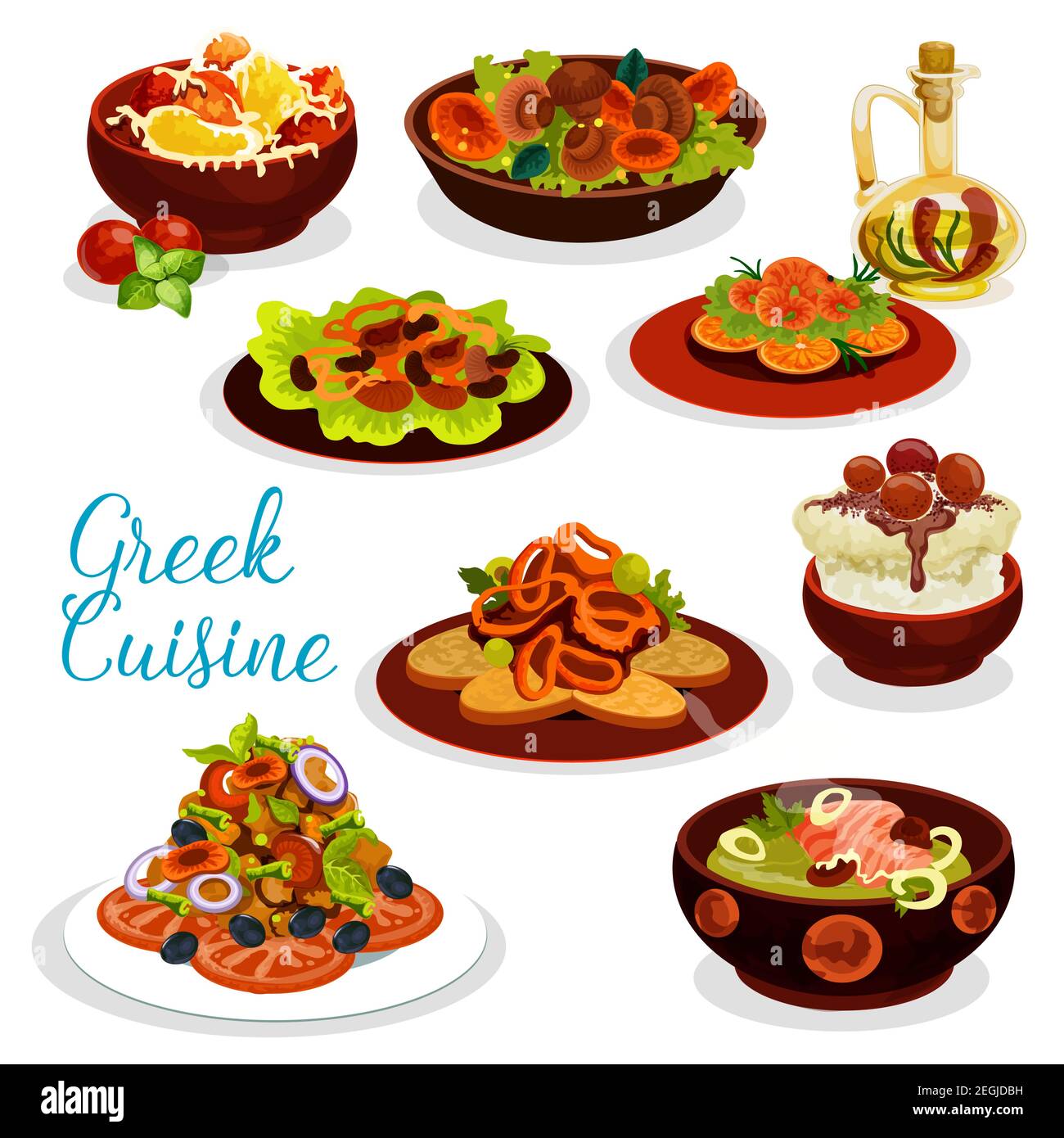 Greek cuisine seafood lunch with dessert icon. Vegetable mushroom salad, pepper with feta cheese and grilled seafood, squid in wine sauce, fish cream Stock Vector