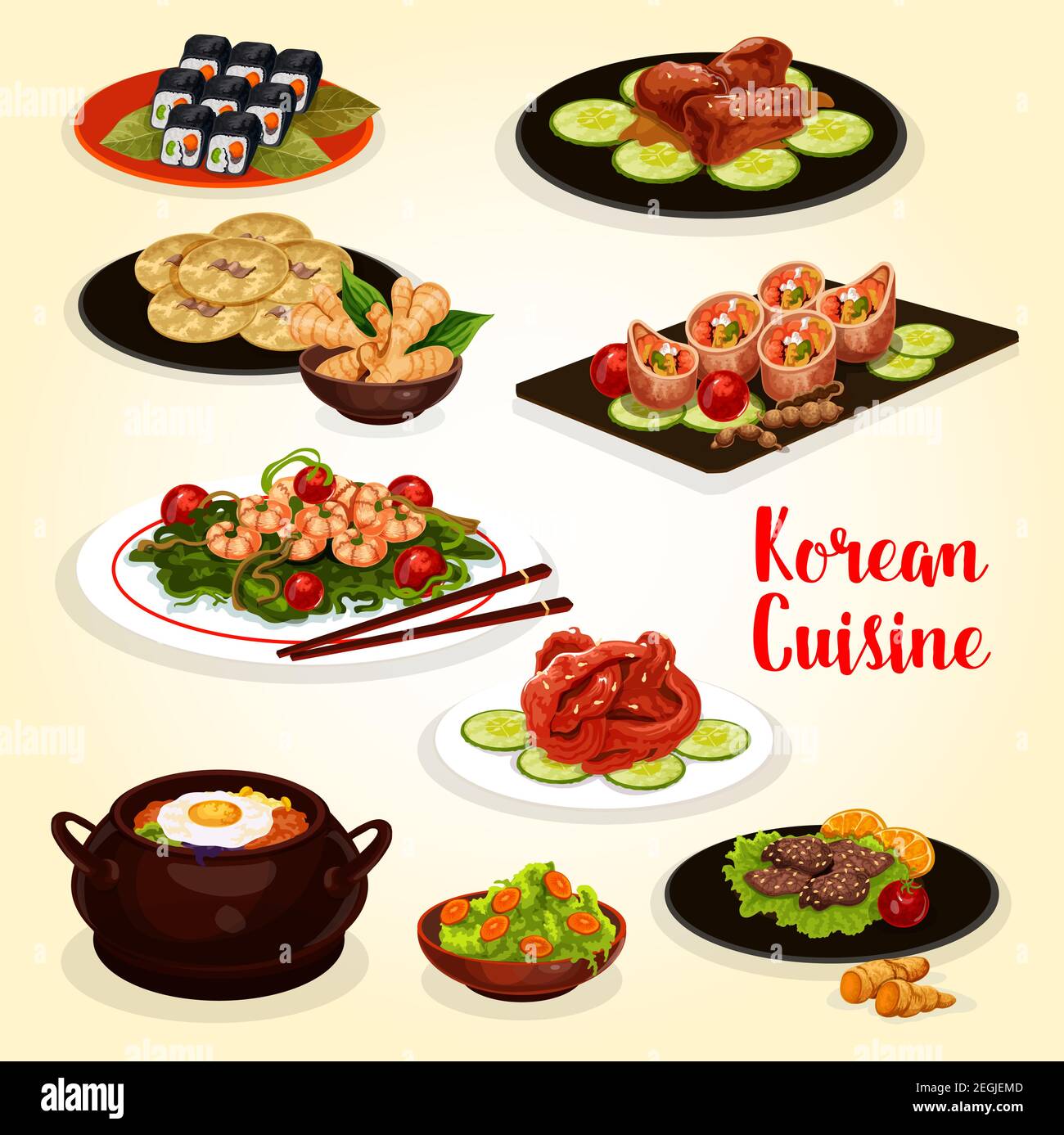 Korean cuisine lunch menu icon of traditional Asian food. Vegetable rice bibimbap, grilled beef bulgogi and sushi roll kimbap, fried shrimp, pork ribs Stock Vector