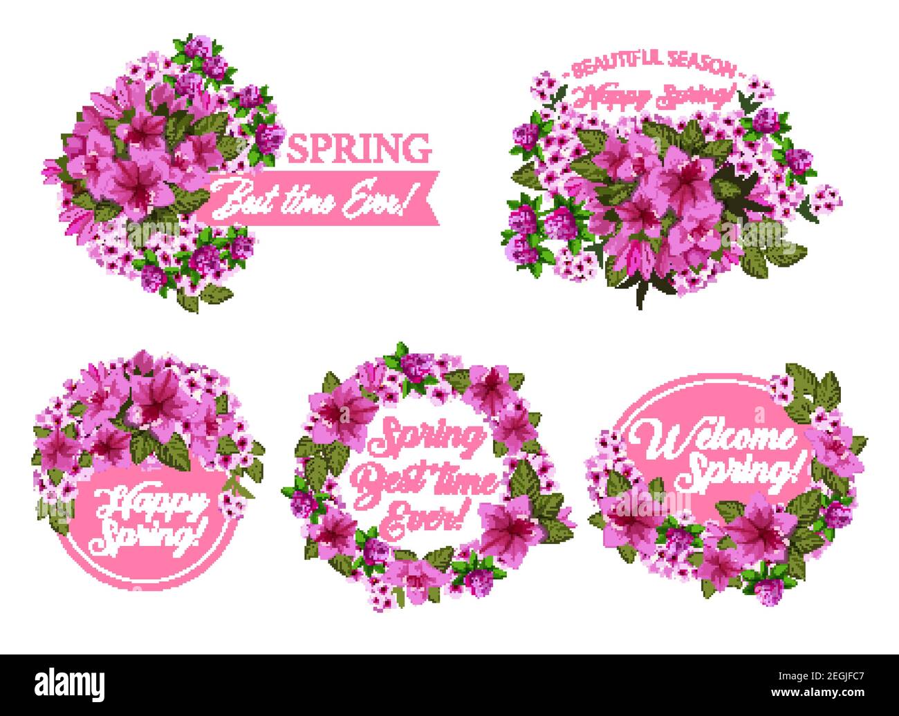 Spring season holiday icon with pink flower wreath and ribbon banner. Springtime blooming garden plant with clover, azalea and phlox blossom, green le Stock Vector