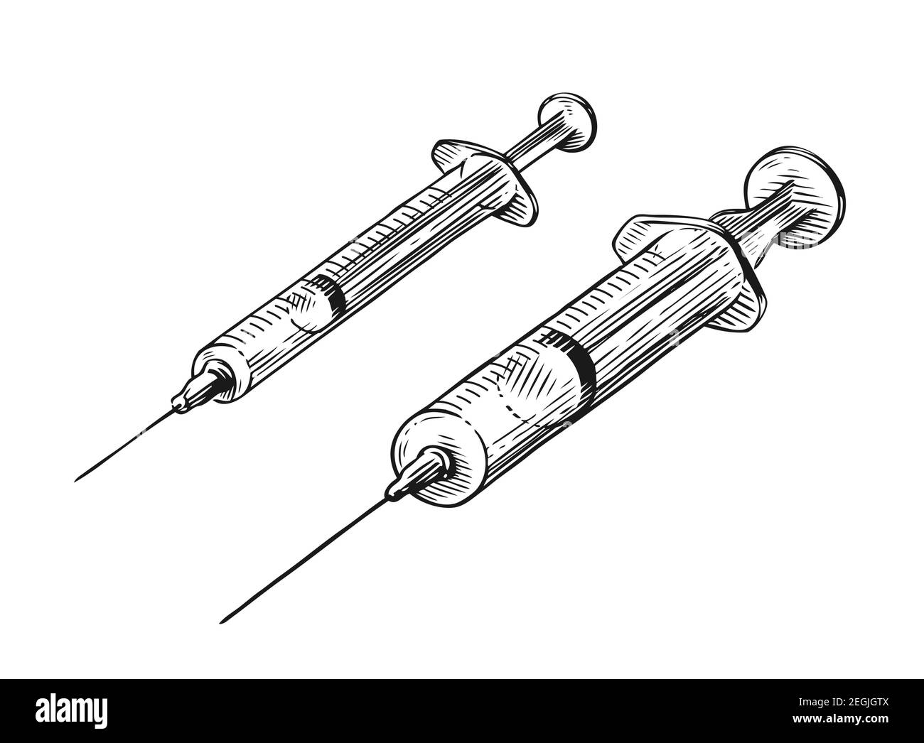 Syringe with vaccine, hand drawn sketch. Medicine, drug vintage vector illustration Stock Vector