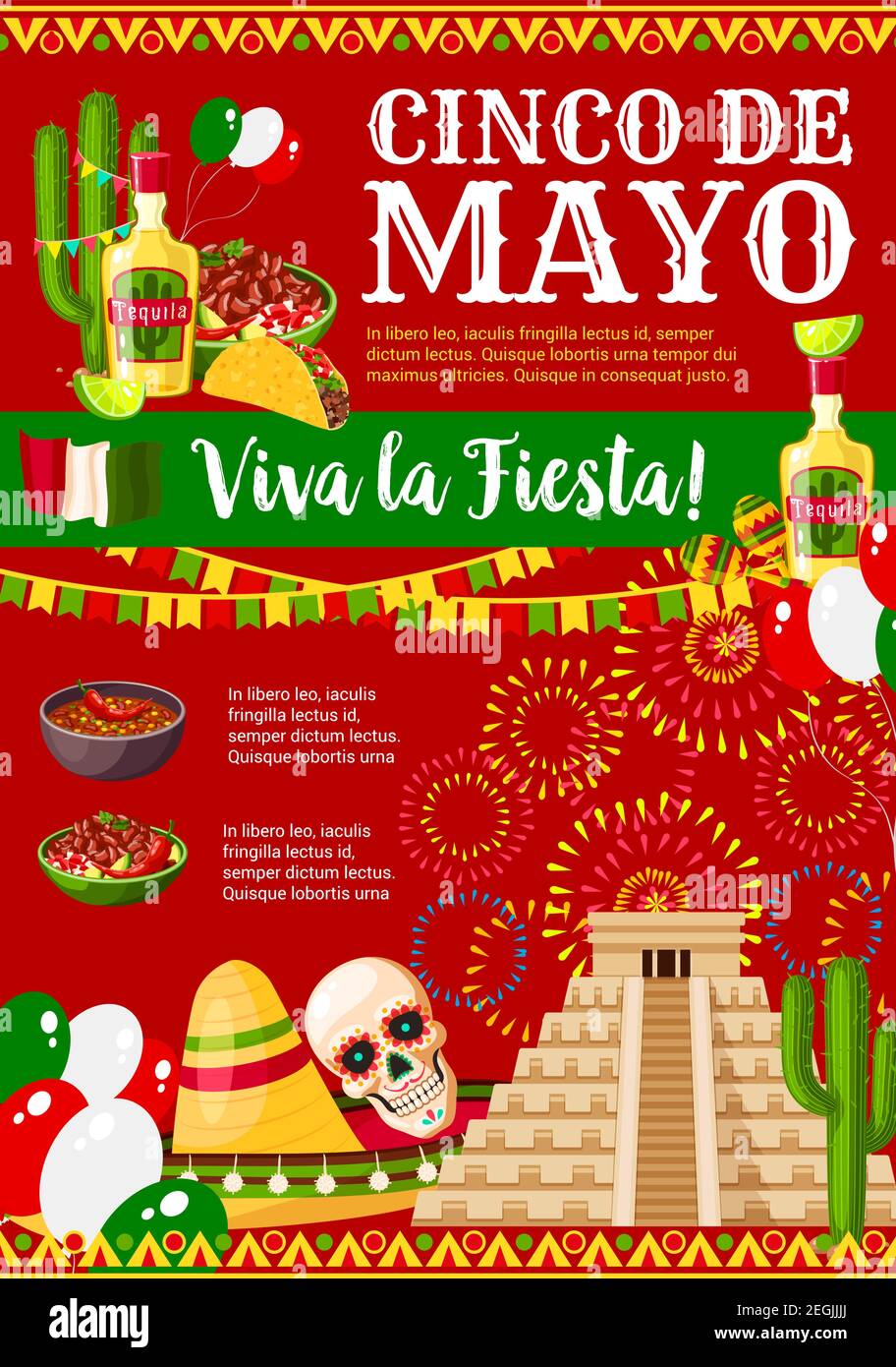 Cinco de Mayo greeting card for Mexican holiday fiesta party celebration of traditional symbols jalapeno pepper, sombrero and tequila or skull. Vector Stock Vector