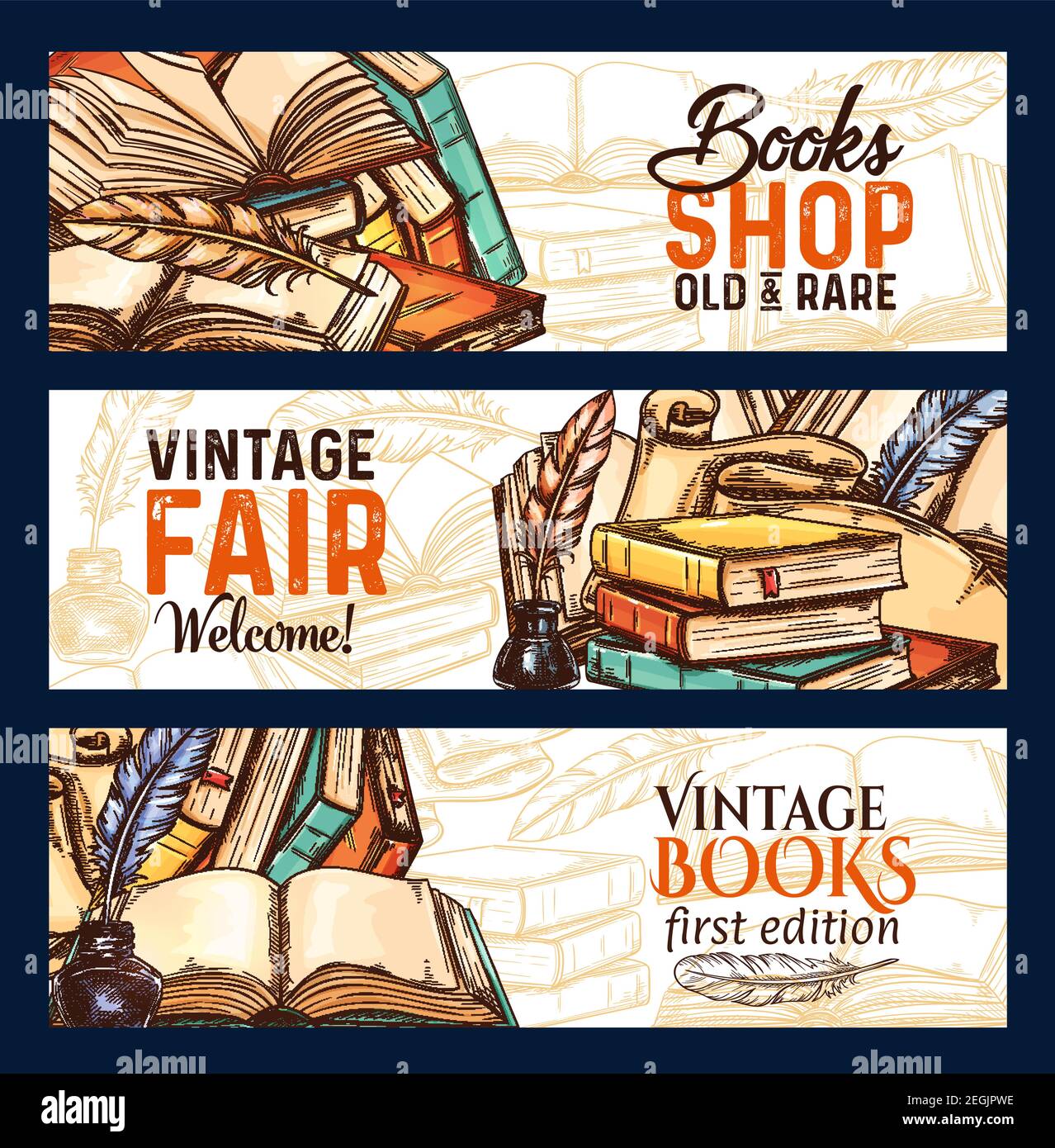 Old vintage books fair and rare literature shop sketch banners for library or bookshop and bookstore. Vector design of vintage book and writer writing Stock Vector