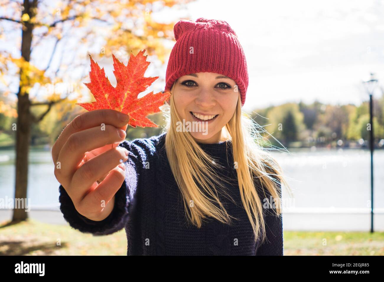 Female fashion model holding maple leaf towards camera, Montreal