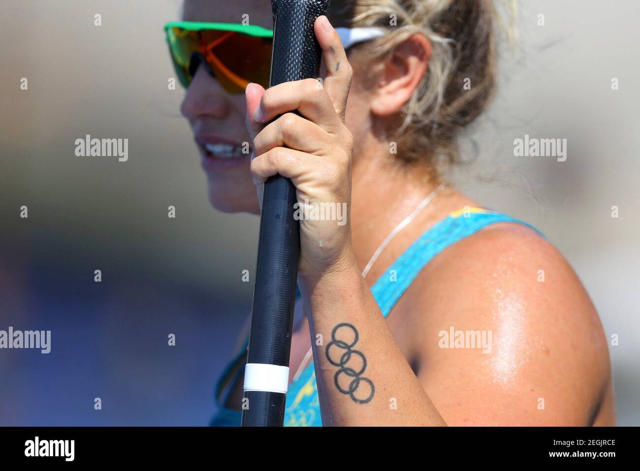 2016 Rio Olympics - Canoe Sprint - Semifinal - Women's Kayak Single (K1) 500m - Semifinal - Lagoa Stadium - Rio de Janeiro, Brazil - 17/08/2016. Naomi Flood (AUS) of Australia with Olympic rings tattoo on her arm. REUTERS/Murad Sezer FOR EDITORIAL USE ONLY. NOT FOR SALE FOR MARKETING OR ADVERTISING CAMPAIGNS.   Picture Supplied by Action Images Stock Photo