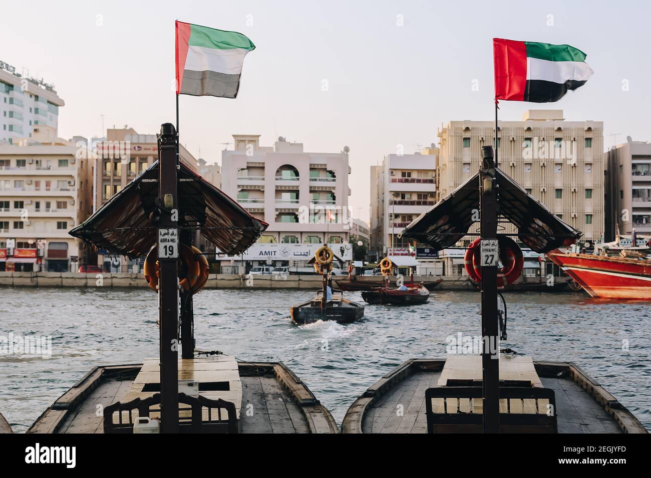 Two Traditional Abra Dhow Wooden Ferries Boats For Tourists Trip Stock