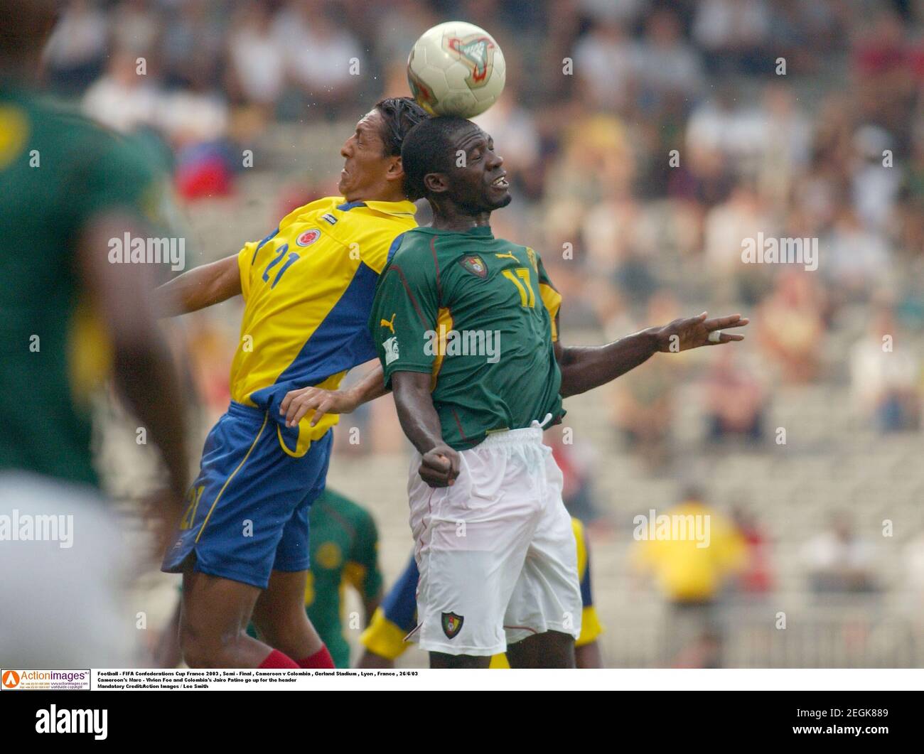 Football Fifa Confederations Cup France 03 Semi Final Cameroon V Colombia Gerland Stadium Lyon France 26 6 03 Cameroon S Marc Vivien Foe And Colombia S Jairo Football Fifa Confederations Cup France 03 Semi Final Cameroon V Colombia Gerland Stadium Lyon France 26 6 03 Cameroon S Marc Vivien Foe And Colombia S Jairo