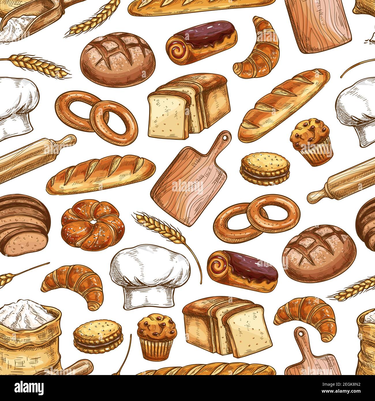 Bread and pastry food seamless pattern with fresh loaf and bun sketch ...