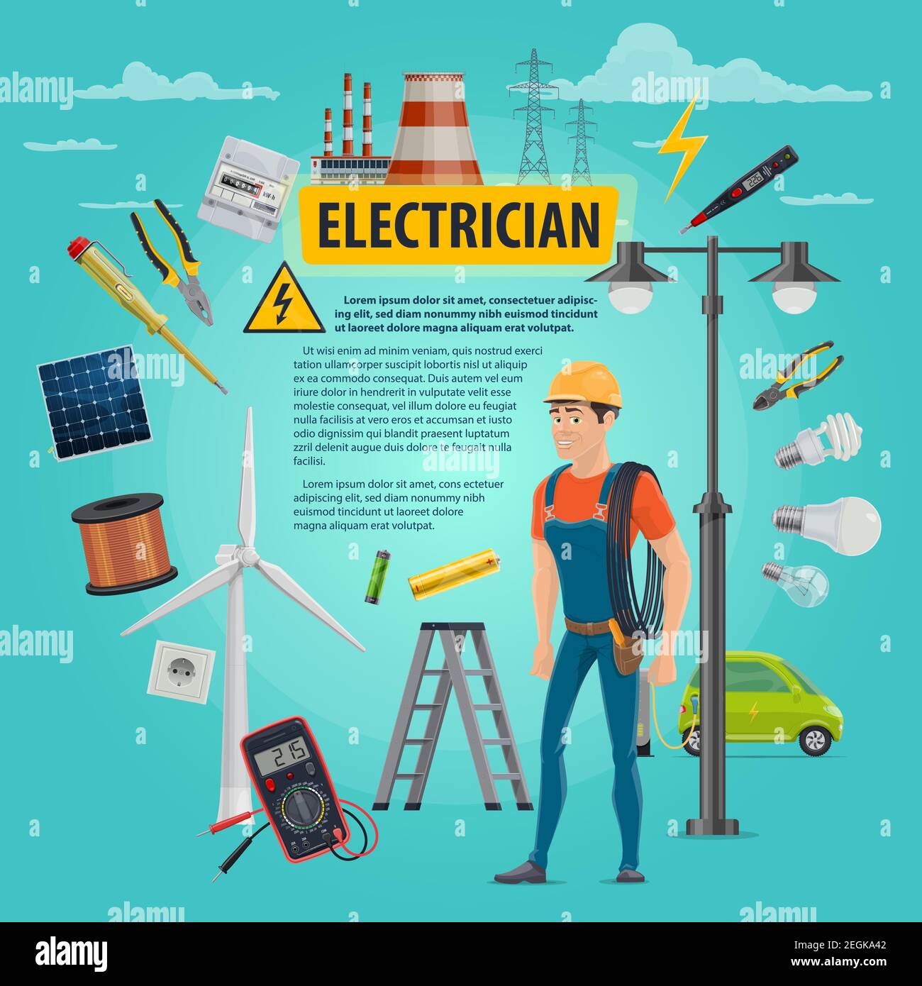 Electrician man and electricity repair work tools poster. Vector