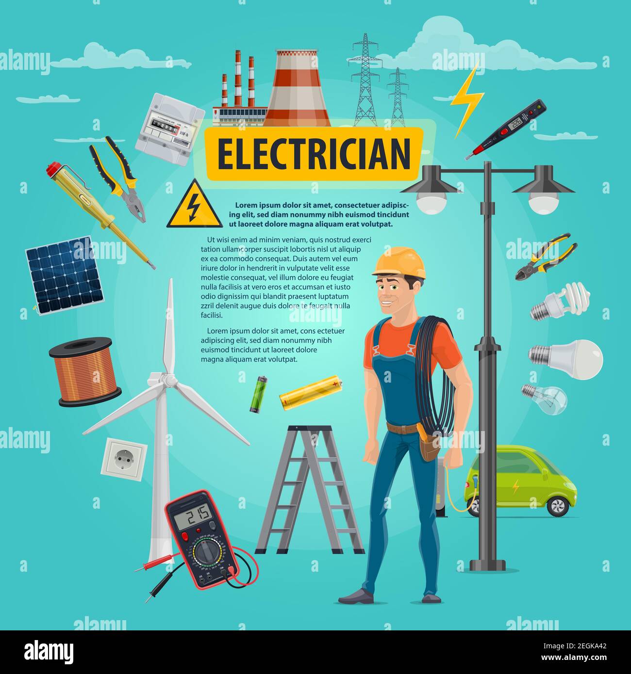 Electrician man and electricity repair work tools poster. Vector electrician profession and power repair equipment of electricity socket, electrical w Stock Vector