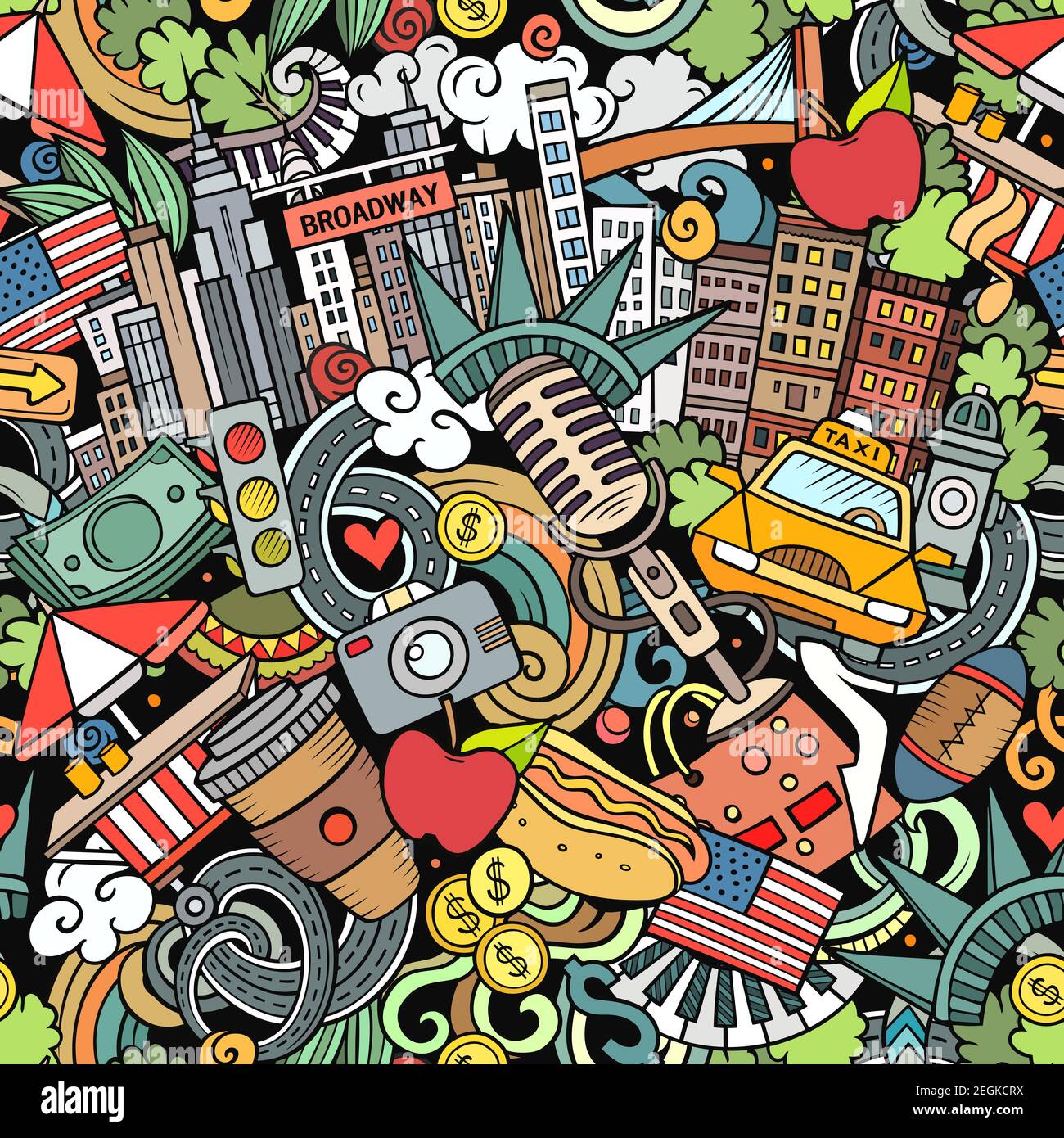 Cartoon doodles New York seamless pattern Stock Vector Image & Art