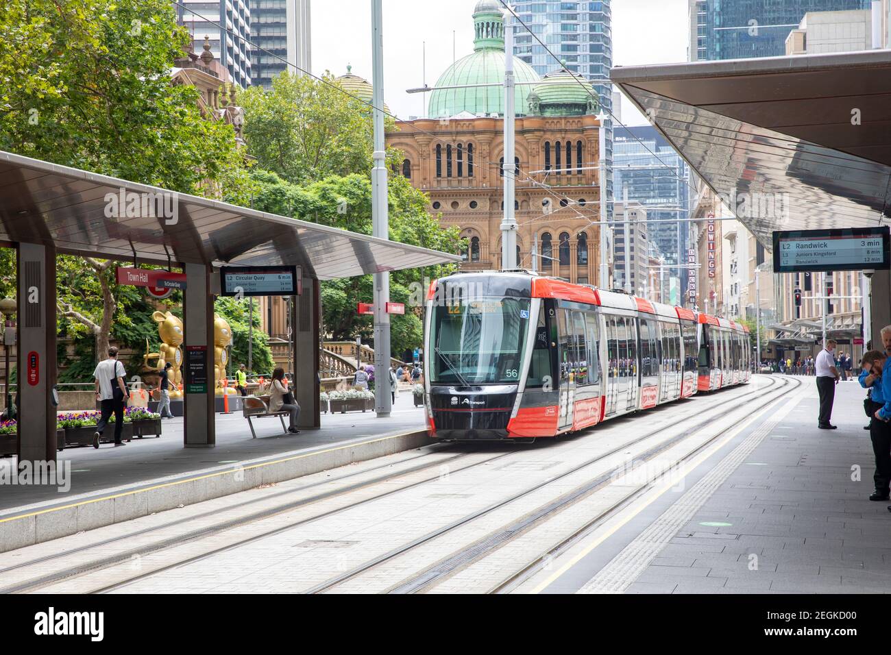 Sydney light rail train approaching Town Hall station in Sydney, urban life in Sydney city centre,Australia Stock Photo