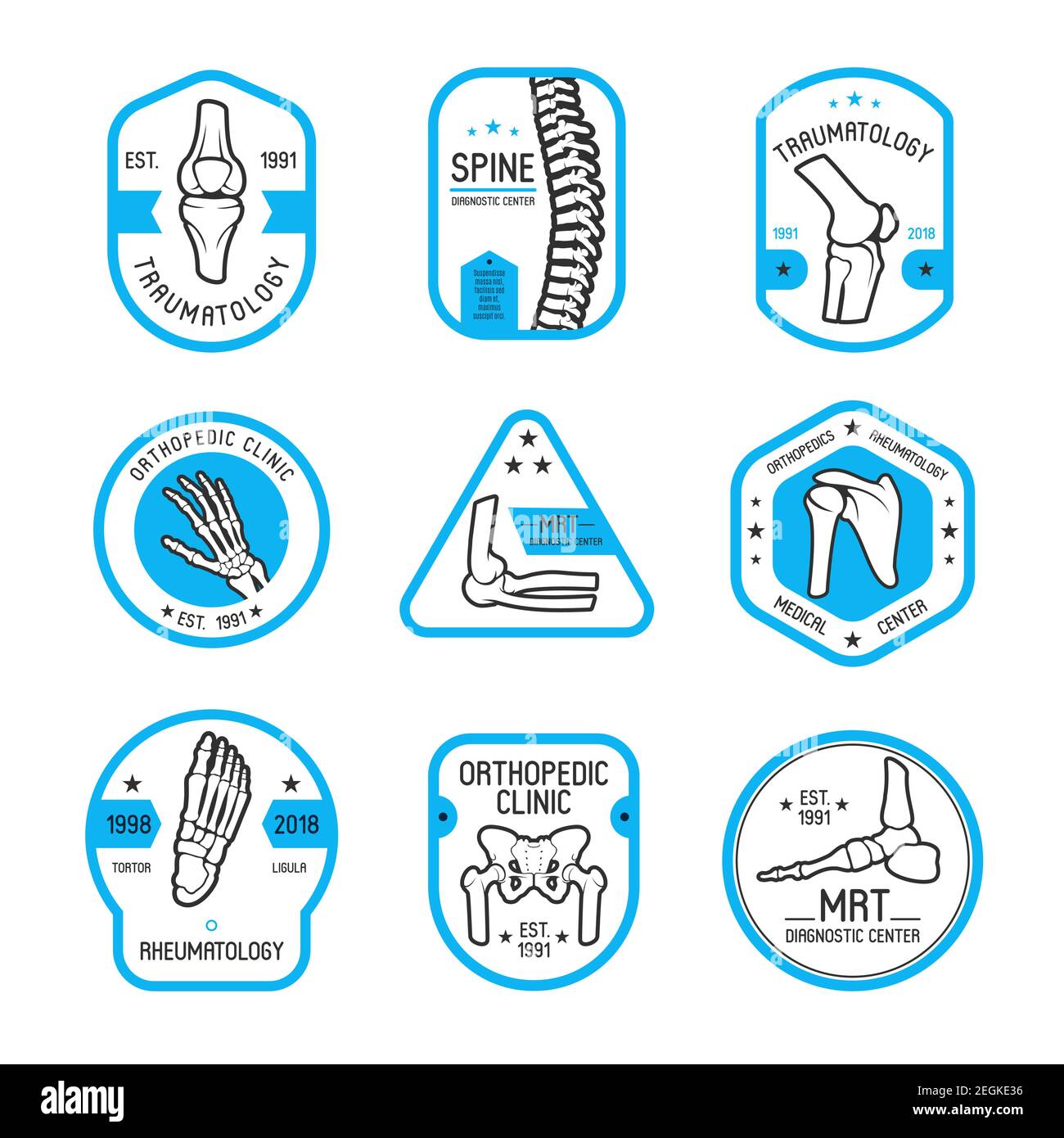 Traumatology, rheumatology and orthopedic clinic label with human