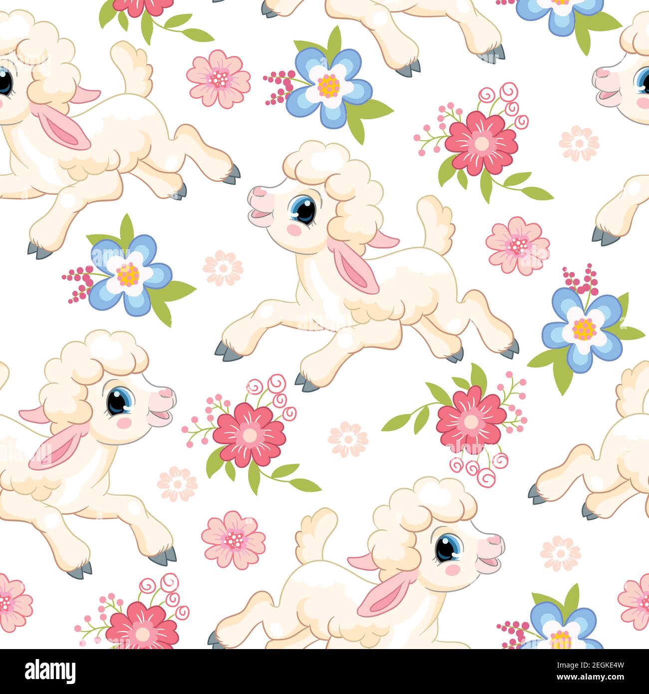 Seamless vector pattern with spring concept. Cute cartoon character lambs and flowers. Colorful illustration isolated on white background. For print, Stock Vector