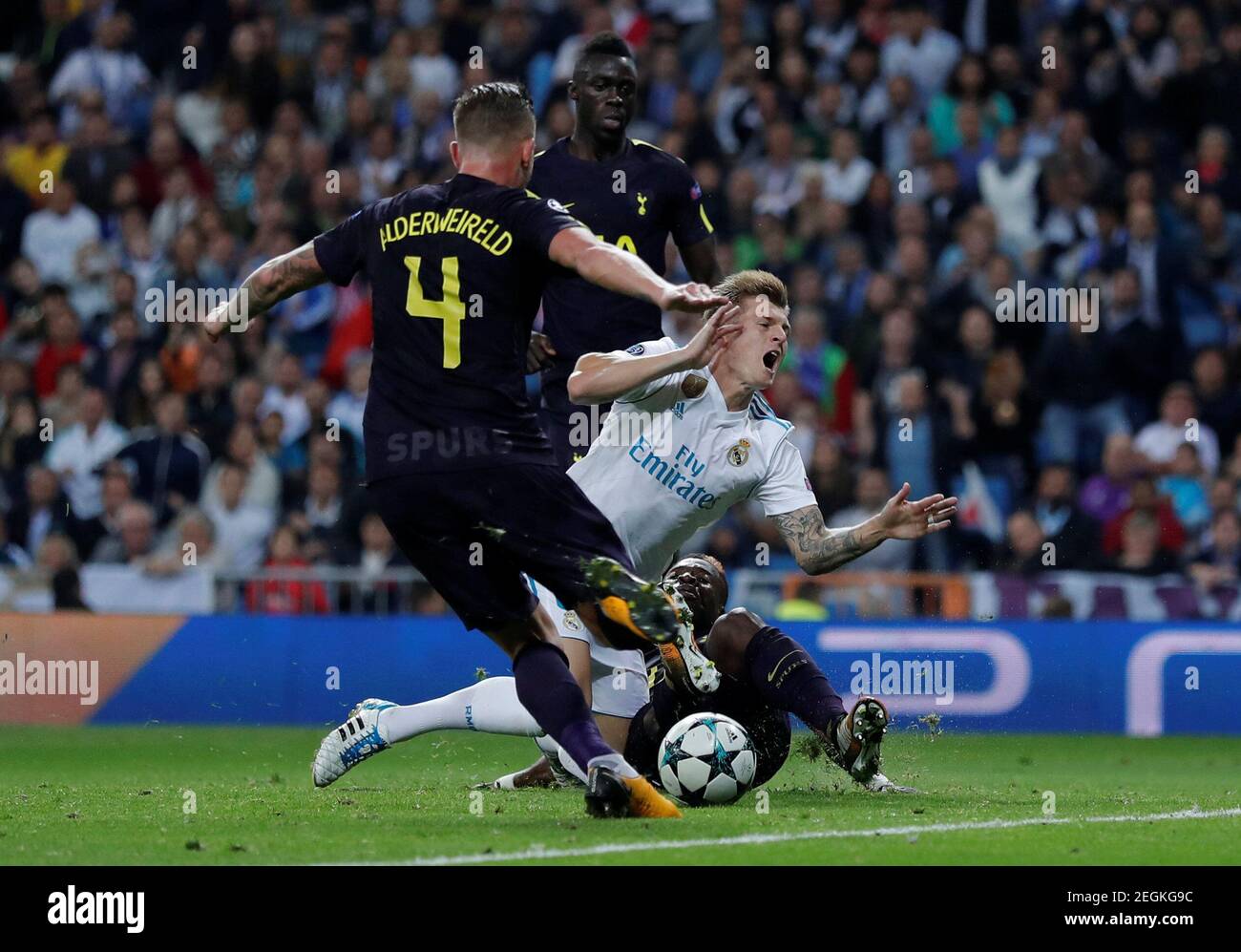 Soccer Football Champions League Real Madrid Vs Tottenham Hotspur Santiago Bernabeu Stadium Madrid Spain October 17 17 Tottenham S Serge Aurier Concedes A Foul Against Real Madrid S Toni Kroos