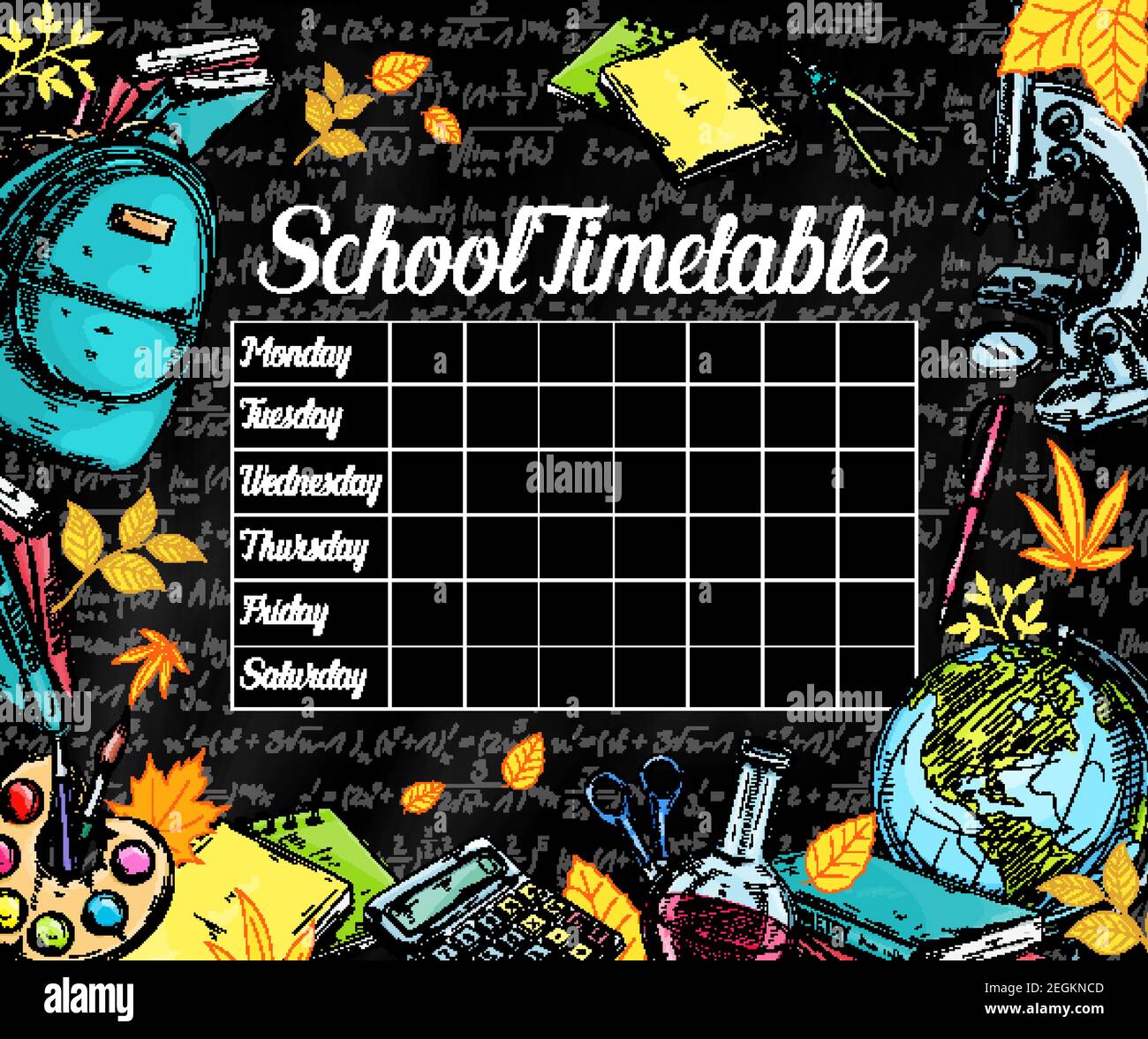 School timetable design on black chalkboard or blackboard background.  Vector weekly lesson schedule of school bag, education stationery supplies  chemi Stock Vector Image & Art - Alamy