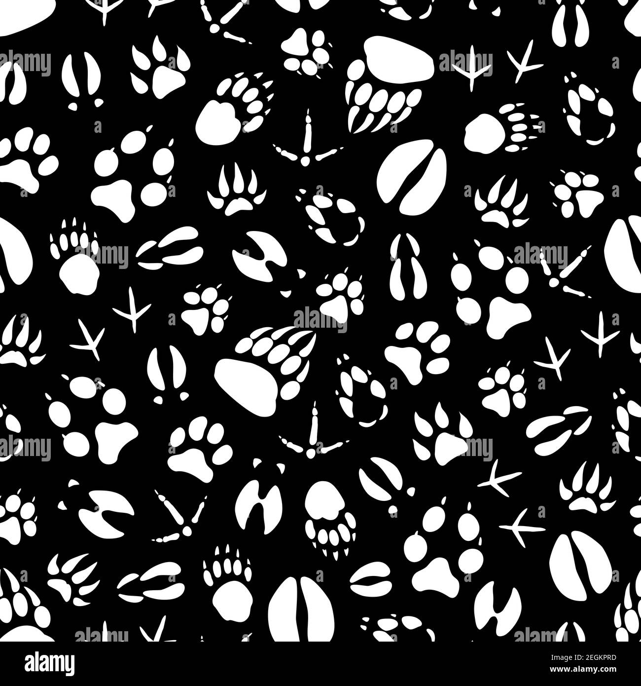 Animals and birds footprints seamless pattern. Vector tracks background of crow or sparrow claws, wild bear or wolf and hare paws, boar or elk and dee Stock Vector