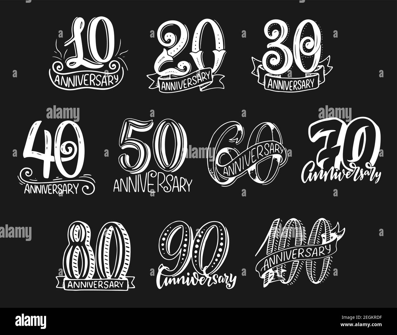 Anniversary numbers lettering for happy birthday greeting card. Vector doodle sketch design set from 10 to 100 anniversary age numbers with ribbons an Stock Vector