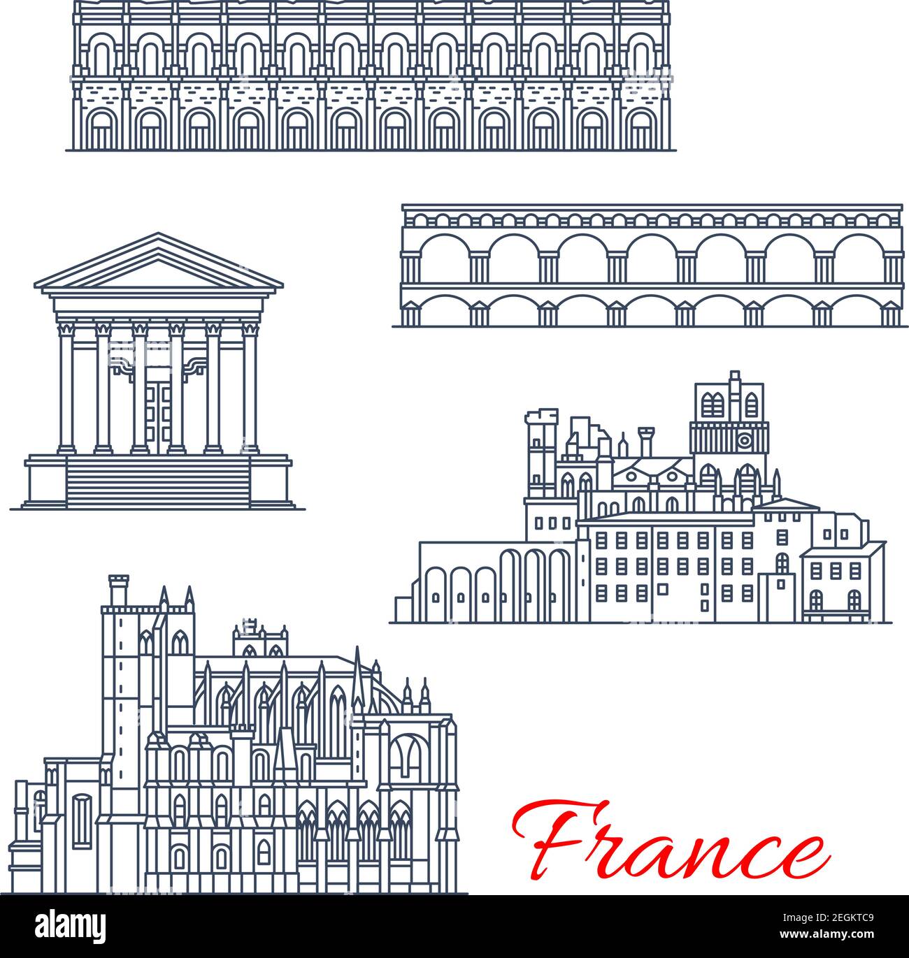 France famous travel architecture landmarks icons. Vector historical French buildings line facades of Saint Nazaire and Just cathedrals in Narbonne, G Stock Vector