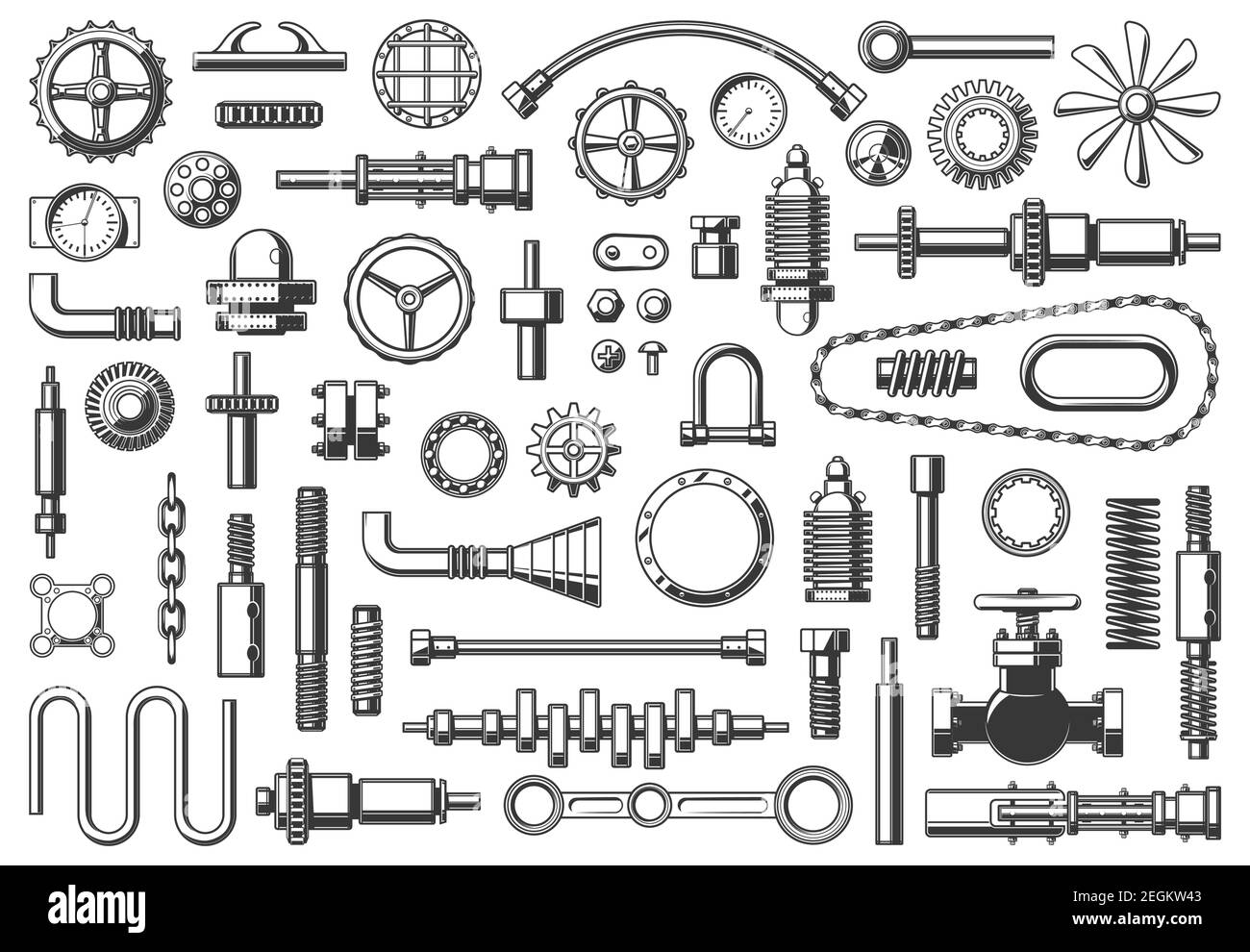 Machine parts vector icons chain, pipe and coupling, gear or pinion. Monochrome clamp, nut, crankshaft and timing belt with steering screw, hose and f Stock Vector