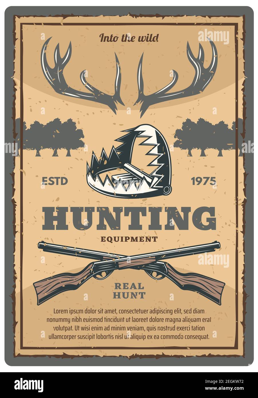 Hunting equipment shop retro poster for hunter open season club. Vector