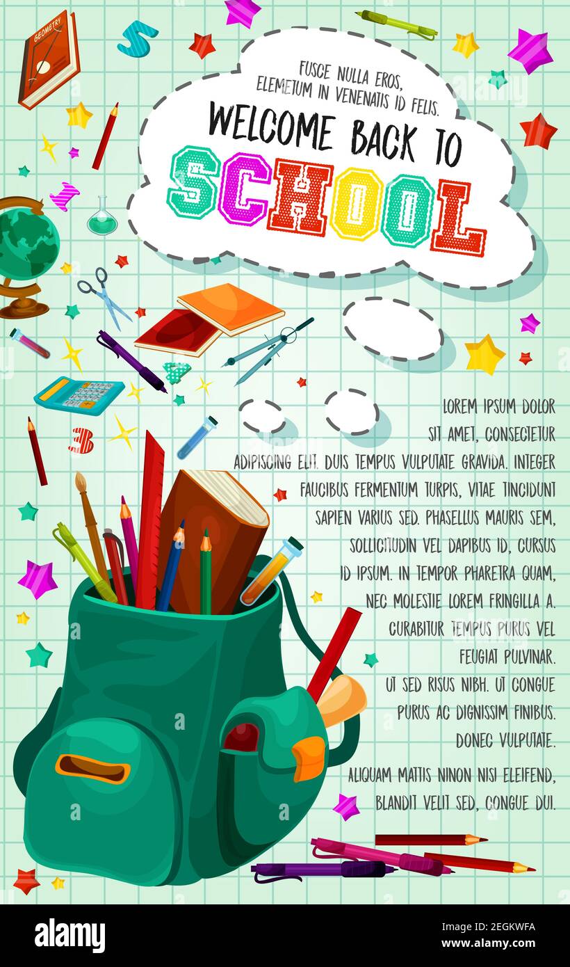 Welcome Back to School poster of school bag and lesson stationery ...