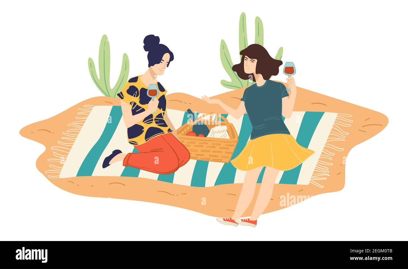 Female friends on picnic in park drinking wine Stock Vector