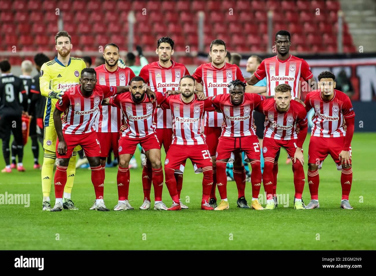 Piraeus, Greece. 18th Feb, 2021. The line-up players of Olympiacos pose for  photos ahead of the UEFA Europa League round of 32 first leg football match  between Olympiacos of Greece and PSV