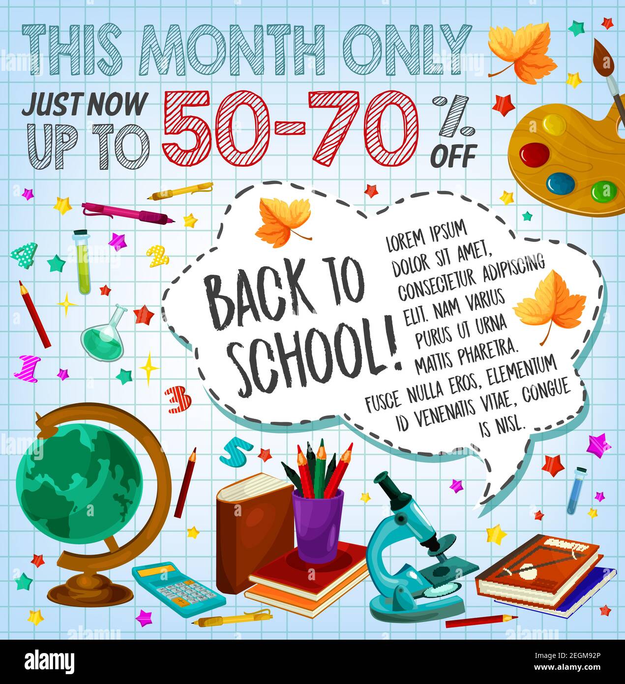 Back to school sale discount offer poster template. School supplies on