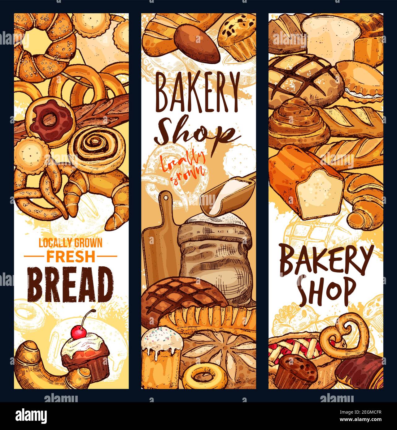 Bakery shop sketch banners of bread of baked pastry and patisserie ...