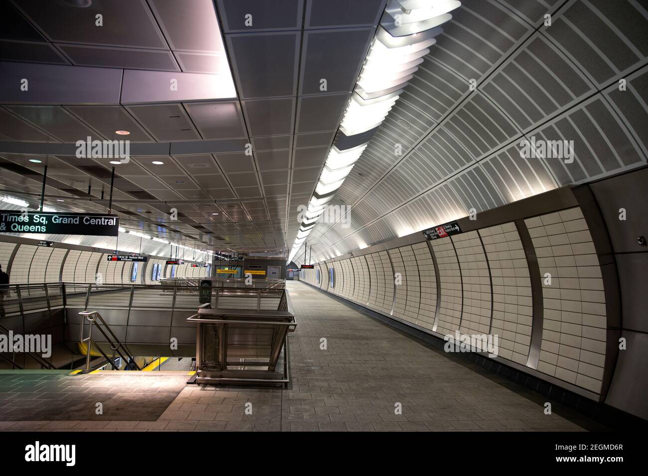 New York - February 18 2021: NYC subway tunnel in Hudson Yards, Manhattan. Modern subway station Stock Photo