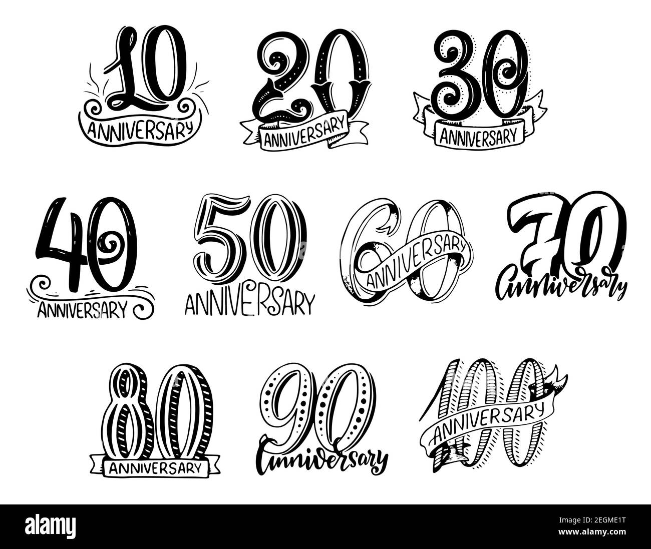 Anniversary numbers year sketch lettering for birthday greeting card design. Vector isolated calligraphy set from 10 to 100 anniversary age numbers wi Stock Vector
