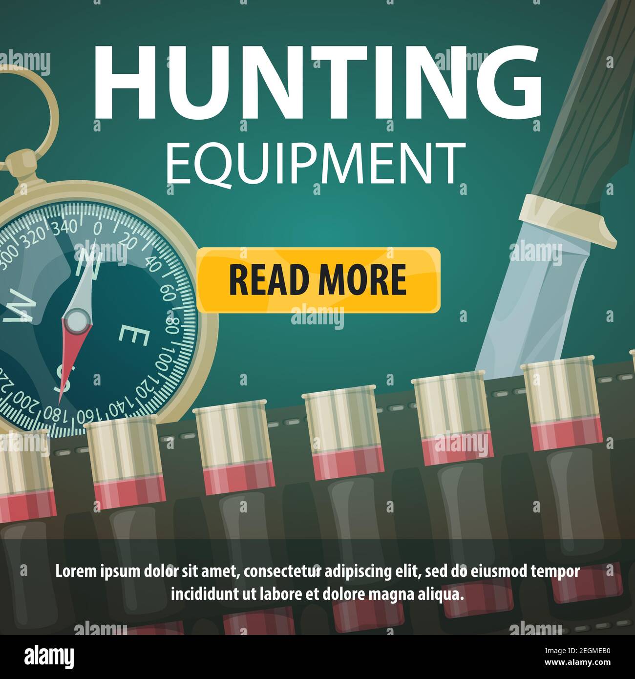 Hunting equipment poster or web landing page for hunter store on open season club. Vector design of hunt knife, compass and bullets of rifle gun for w Stock Vector