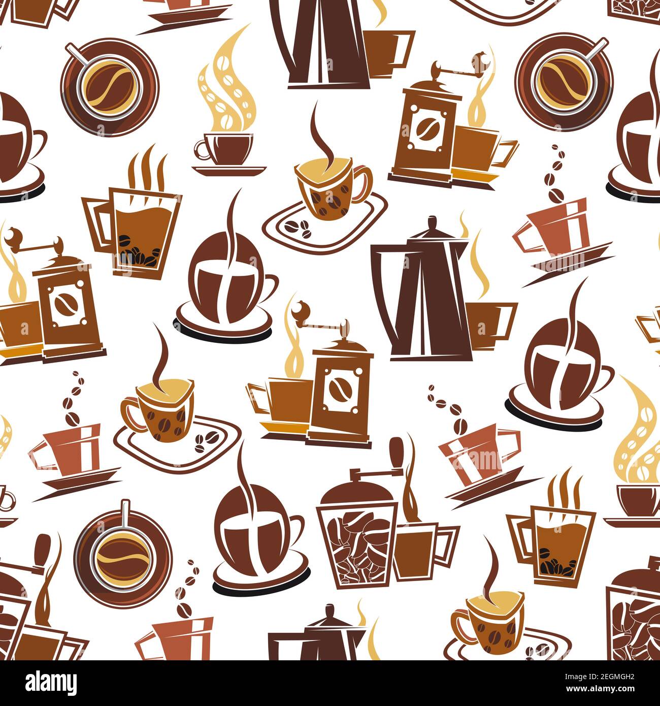 Coffee makers, cups and beans seamless pattern. Vector background of ...