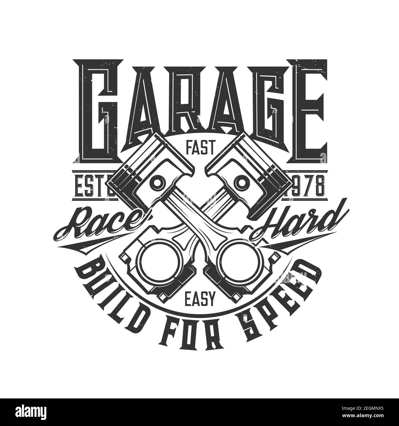 Motorcycle and car custom garage, moto races vector icon. Bike chopper racers or bikers club emblem with motor engine pistons, Build for Speed and Rac Stock Vector