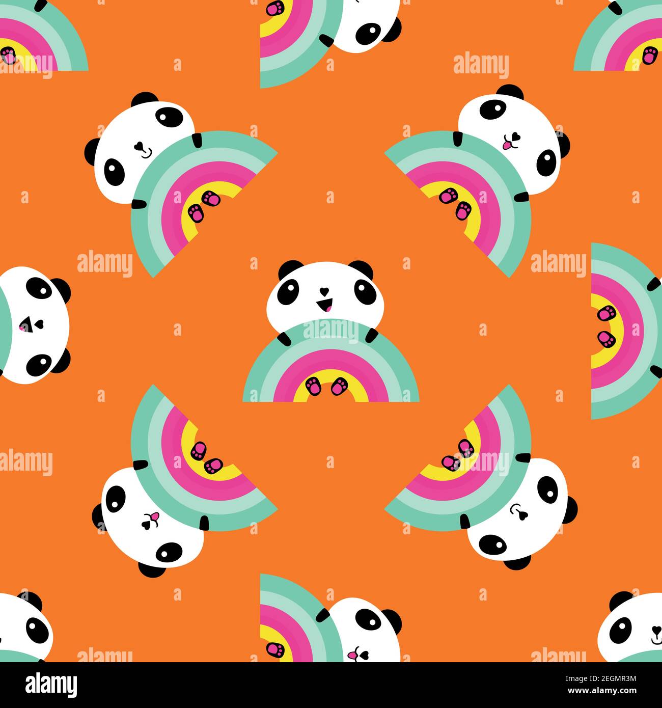 Kawaii panda rainbow seamless vector pattern background. Backdrop with cute black and white sitting cartoon bears holding on to rainbows. Laughing and Stock Vector