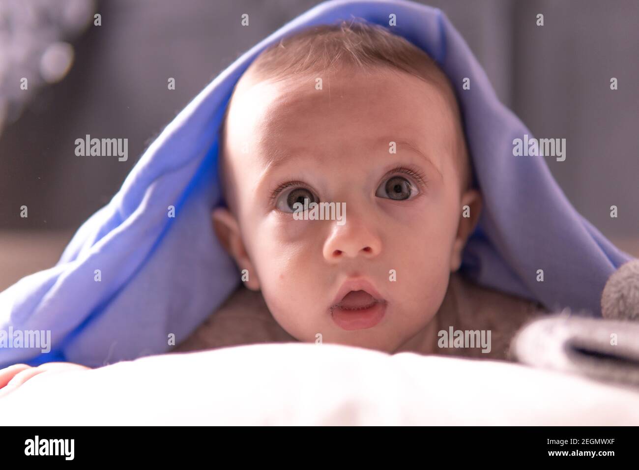 Sixmonthold baby with a blue blanket over her head Stock Photo Alamy