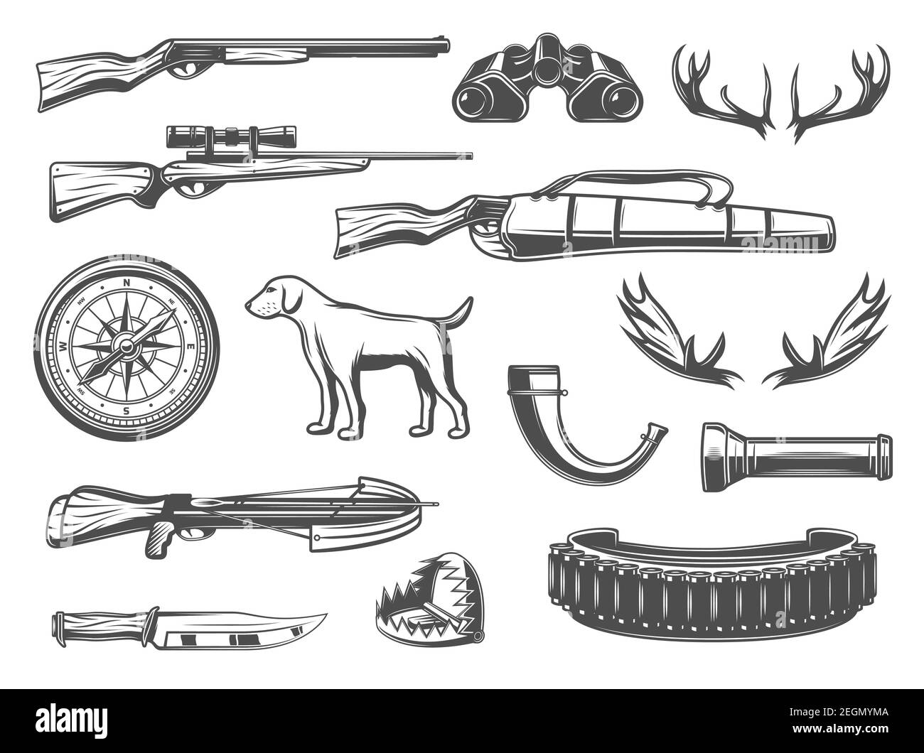 Hunter equipment and hunt items for open season or hunter club. Vector