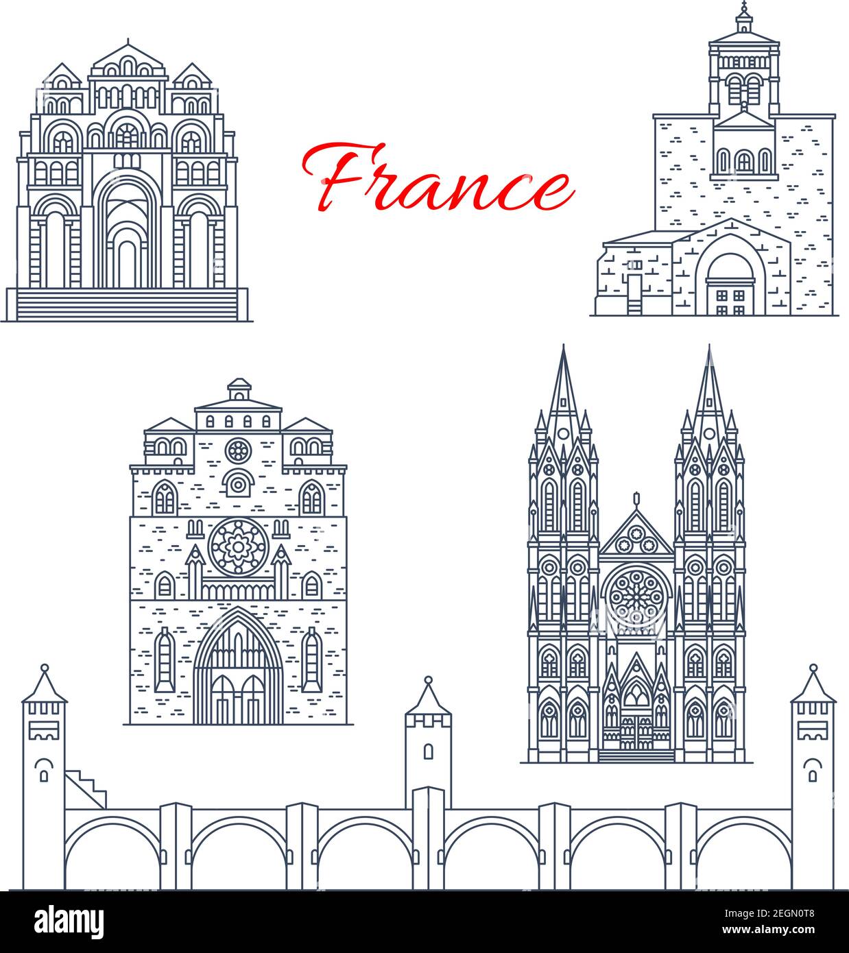 France famous travel landmark buildings line icons. Vector set of Notre Dame Le Puy and Pure of Champagne, Pont Valentre bridge or Saint Etienne de Ca Stock Vector