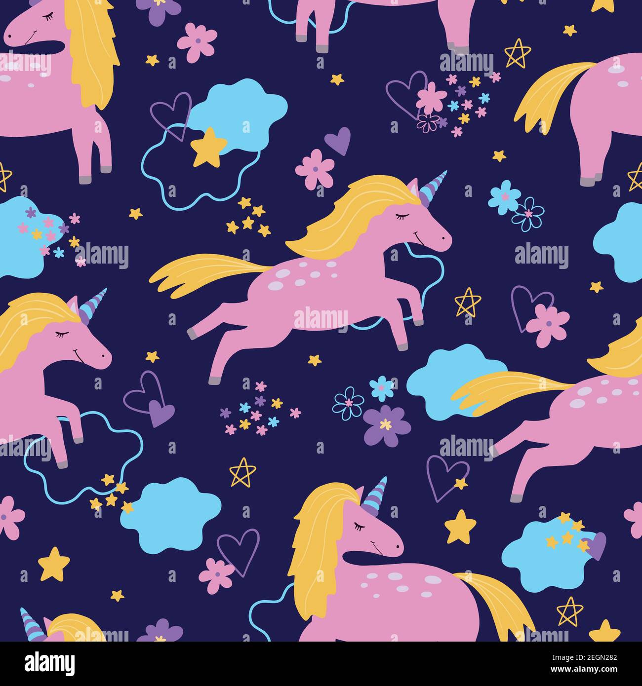 Vector unicorns jumping in the night sky. Seamless pattern with cute ...