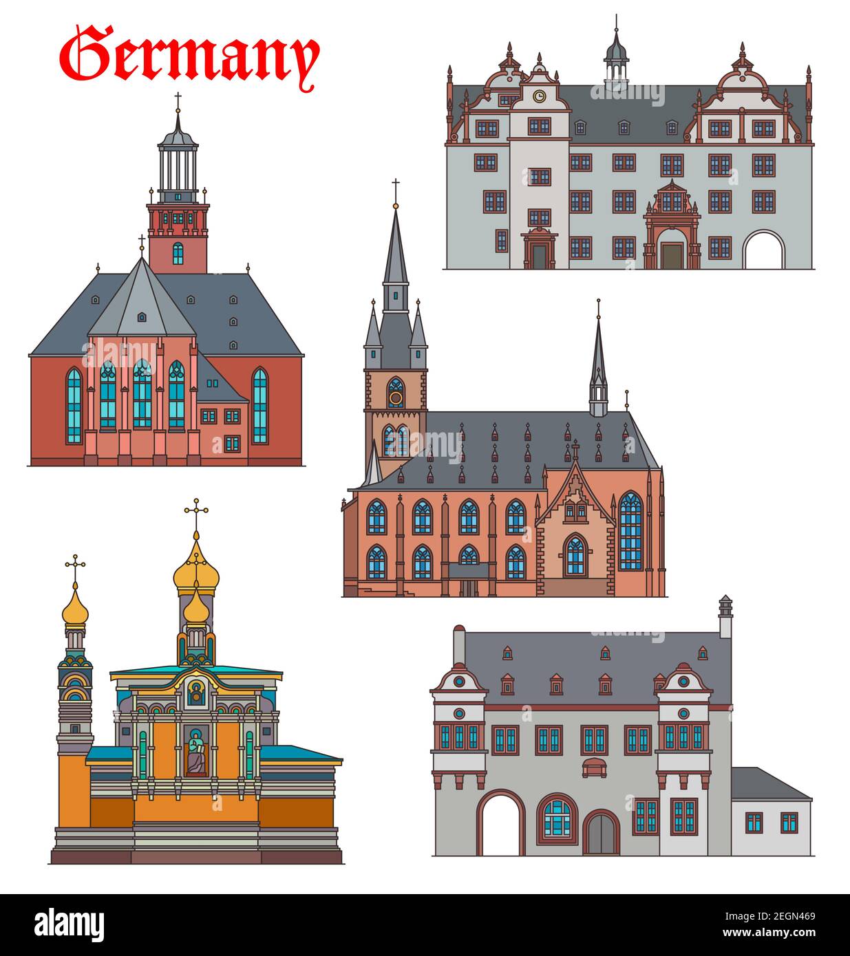 Germany landmarks, travel architecture and Darmstadt buildings, churches and cathedrals. German orthodox St Maria Magdalena kirche, Rathause town hall Stock Vector