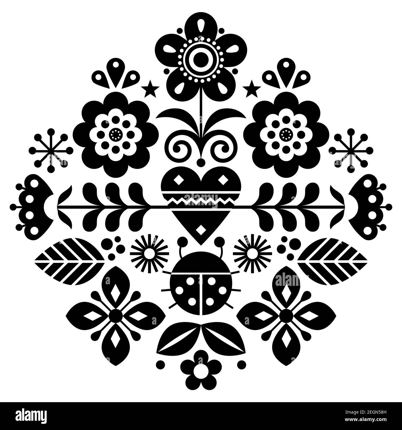 Scandinavian cute folk vector pattern with flowers and ladybird, black and white floral pattern inspired by traditional embroidery from Sweden, Norway Stock Vector