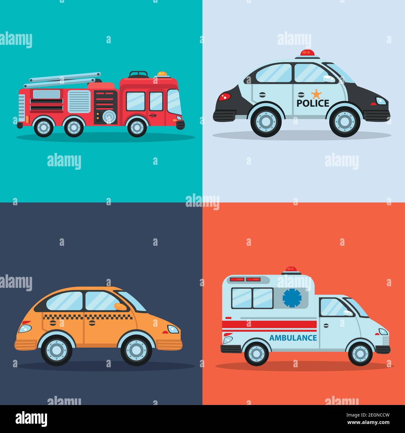 bundle of four city transport vehicles vector illustration design Stock Vector