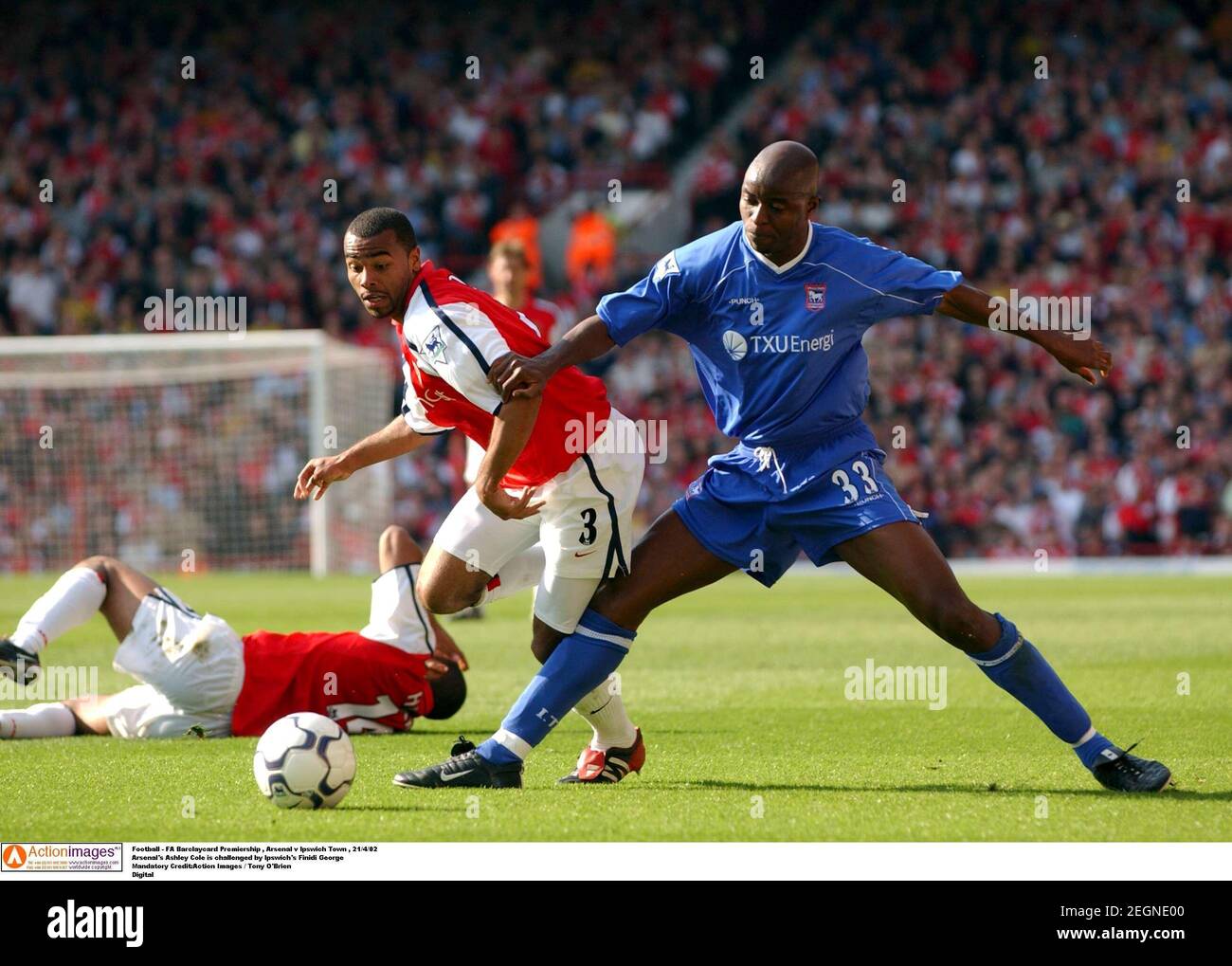 Football Fa Barclaycard Premiership Arsenal V Ipswich Town 21 4 02 Arsenal S Ashley Cole Is Challenged By Ipswich S Finidi George Mandatory Credit Action Images Tony O Brien Digital Stock Photo Alamy