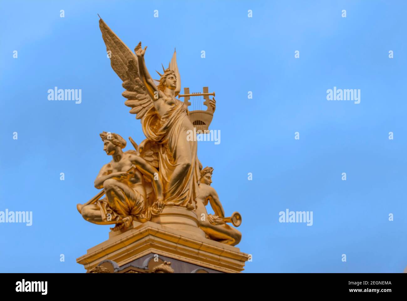 L'Harmonie by Charles Gumery on roof of Opera Garnier, Paris, France with copy space Stock Photo