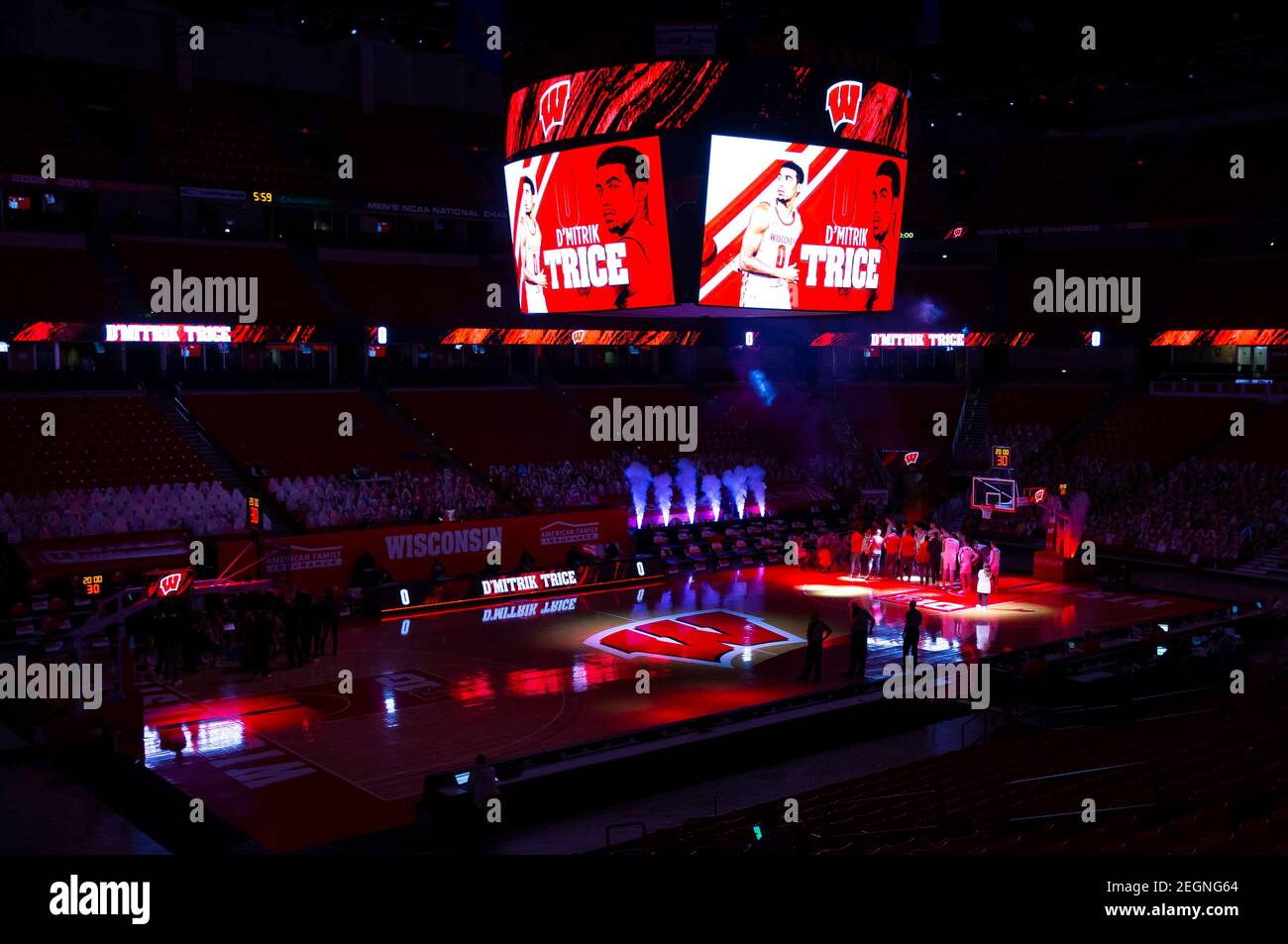 Madison, WI, USA. 18th Feb, 2021. Overhead shot during pregame introductions before the NCAA basketball game between the Iowa Hawkeyes and the Wisconsin Badgers at the Kohl Center in Madison, WI. John Fisher/CSM/Alamy Live News Stock Photo