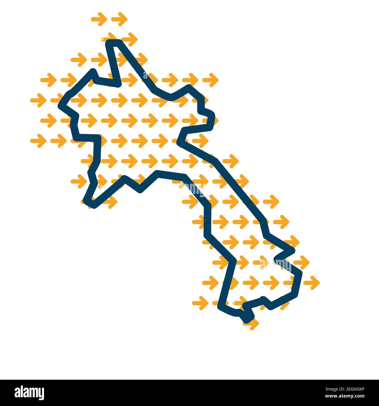 Laos simple outline map with yellow direction guide arrows. Stock Vector